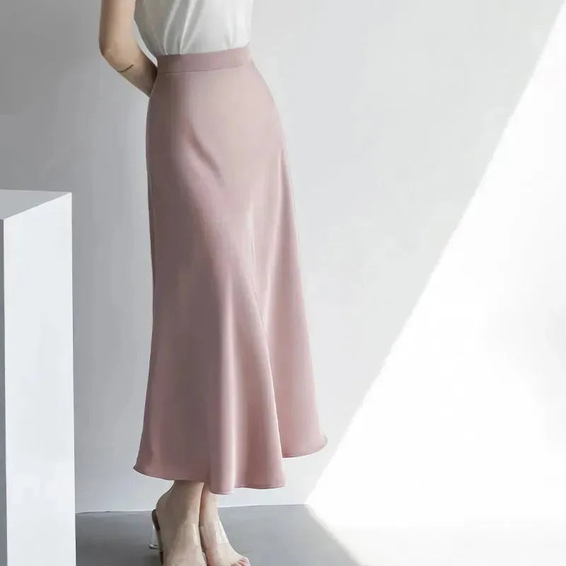 Women's formal Work Satin Skirt Summer High Waist Midi Sheath Skirt - EX-STOCK CANADA