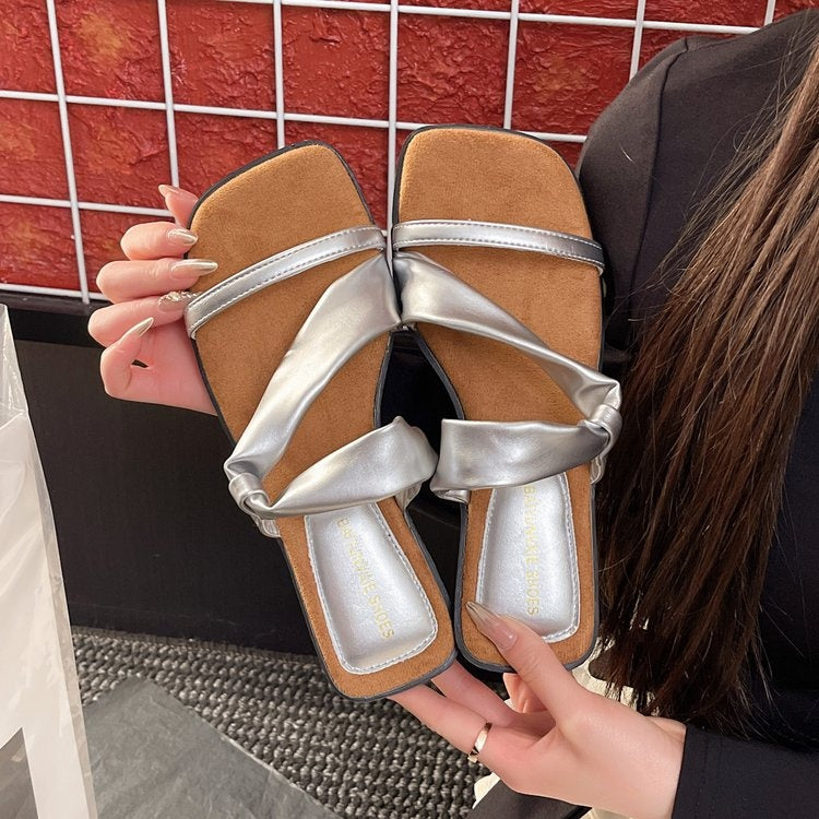 2025 Summer New French Style Low Heel Slippers For Women, Fairy Style Outdoor Fashion Slides, Elegant Match-Dress Sandals In Black, Silver, Beige 