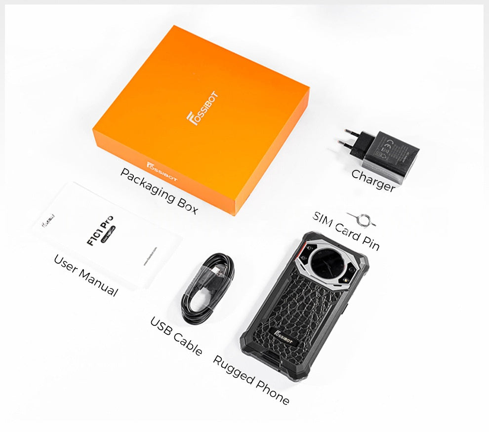 Collection of electronic device components including packaging box, phone, charger, SIM card pin, USB cable, and user manual on a white background.