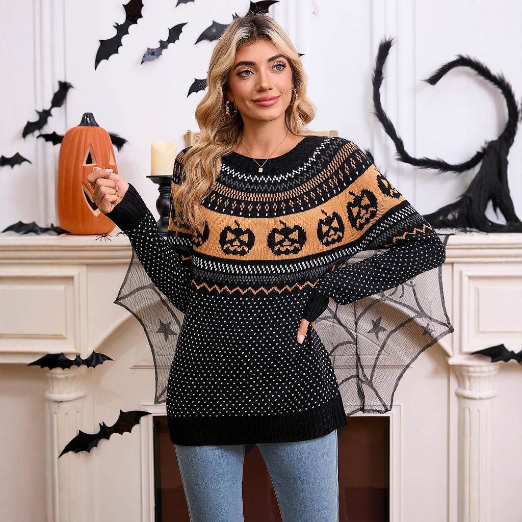 Women's Halloween Pumpkin Embroidered Retro Long-sleeved Sweater EX-STOCK