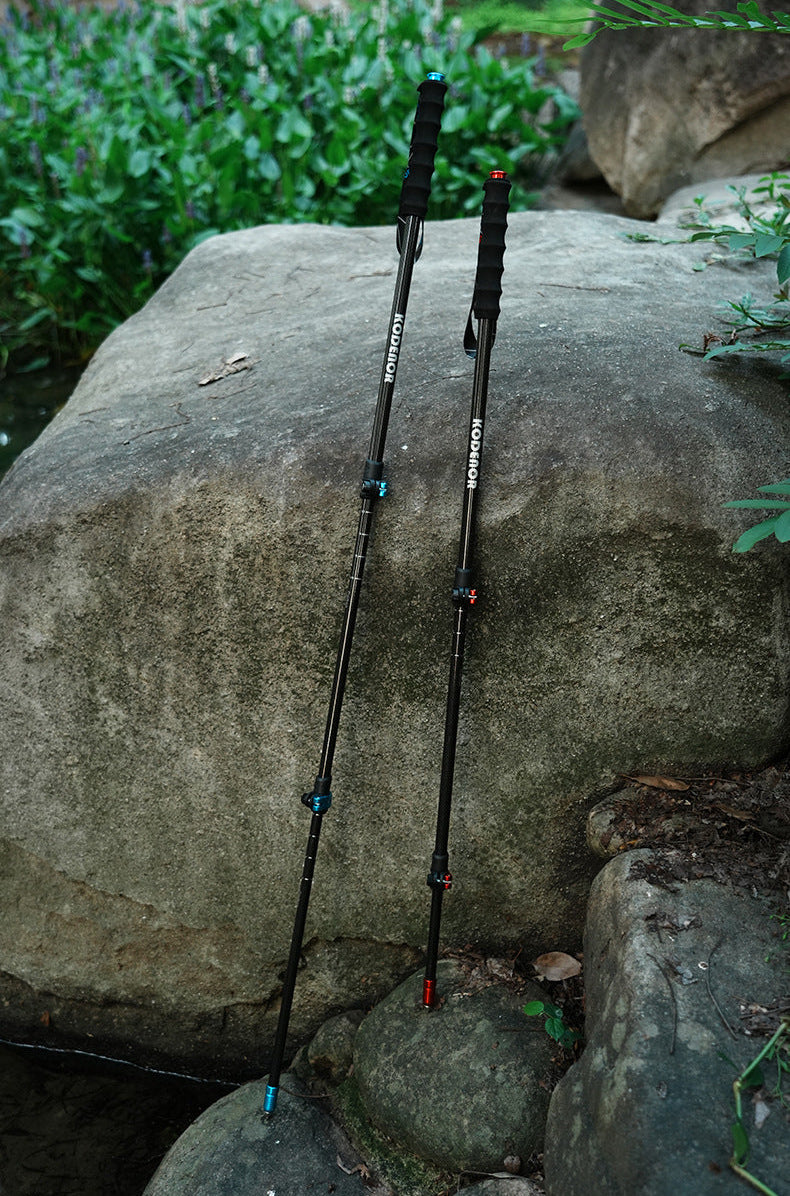 Two black hiking poles with blue and orange accents leaning against a large stone outdoors, with green foliage in the background.