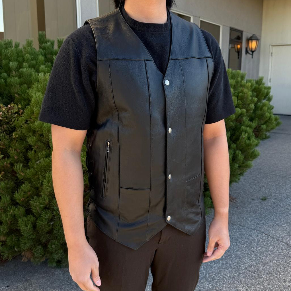 Open Road Men's 10 Pocket Leather Vest | Genuine Cowhide Vest 