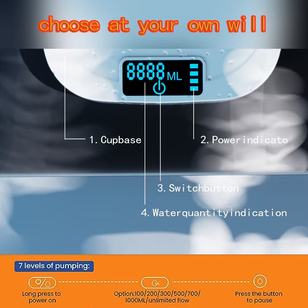 Digital water dispenser with a digital display and control buttons, featuring text and labels.