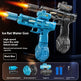 Two toy water guns, one blue and one black, with text describing features and accessories on a dark background.