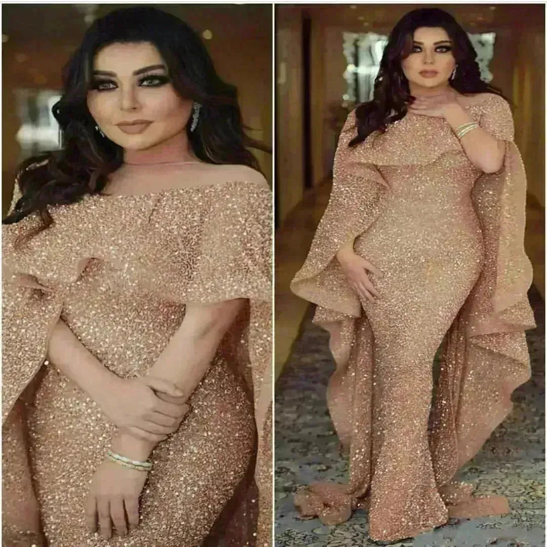 فستان طويل بنمط الشال الأمريكي والأوروبي، فستان مطرز بالترتر باللون الشامبانيا للحفلات المسائية وحفلات العشاء وحفلات الزفاف وحفلات الكوكتيل