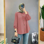 Muslim Ice Silk Wrinkle Stand-up Collar Literary Vintage Cardigan Loose Shirt Women - EX-STOCK Canada