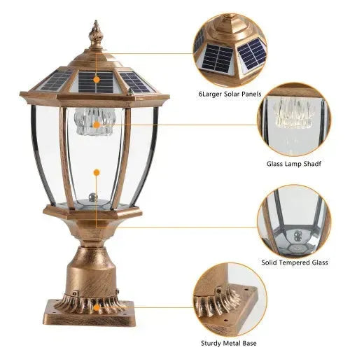 Vintage Gold Solar Pillar Headlight With Dimmable LED 1-Pack Outdoor Landscape Pathway Light - EX-STOCK CANADA
