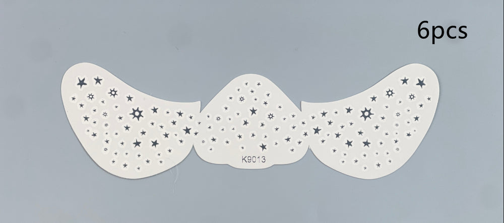 Set of three white mustache-shaped stencils with star patterns on a gray background, labeled '6pcs'.