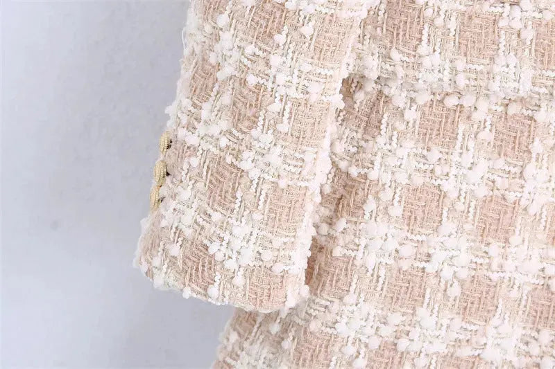 Elegant Luxury Lapel Long Sleeved Double Breasted Check tweed Blazer Women - EX-STOCK CANADA