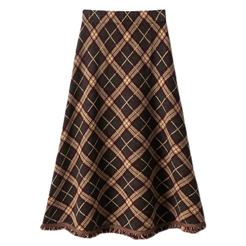 Women Plaid Big Hem Wool Midi Skirt - EX-STOCK CANADA