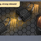 A pair of black rectangular electronic signal jammers with attached antennas, displayed on a dark gray hexagonal background with a close-up inset of a glowing orange signal element. A beige text box at the top left reads 'Thickened spring, strong rebound'.