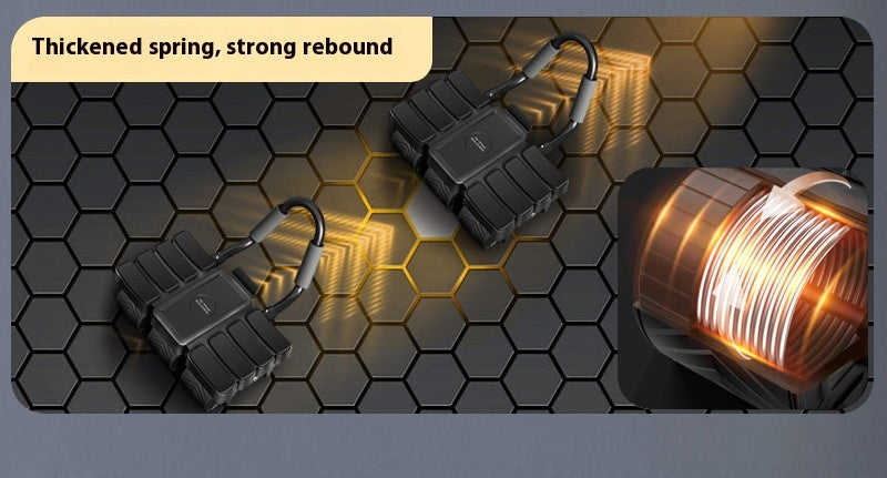 A pair of black rectangular electronic signal jammers with attached antennas, displayed on a dark gray hexagonal background with a close-up inset of a glowing orange signal element. A beige text box at the top left reads 'Thickened spring, strong rebound'.