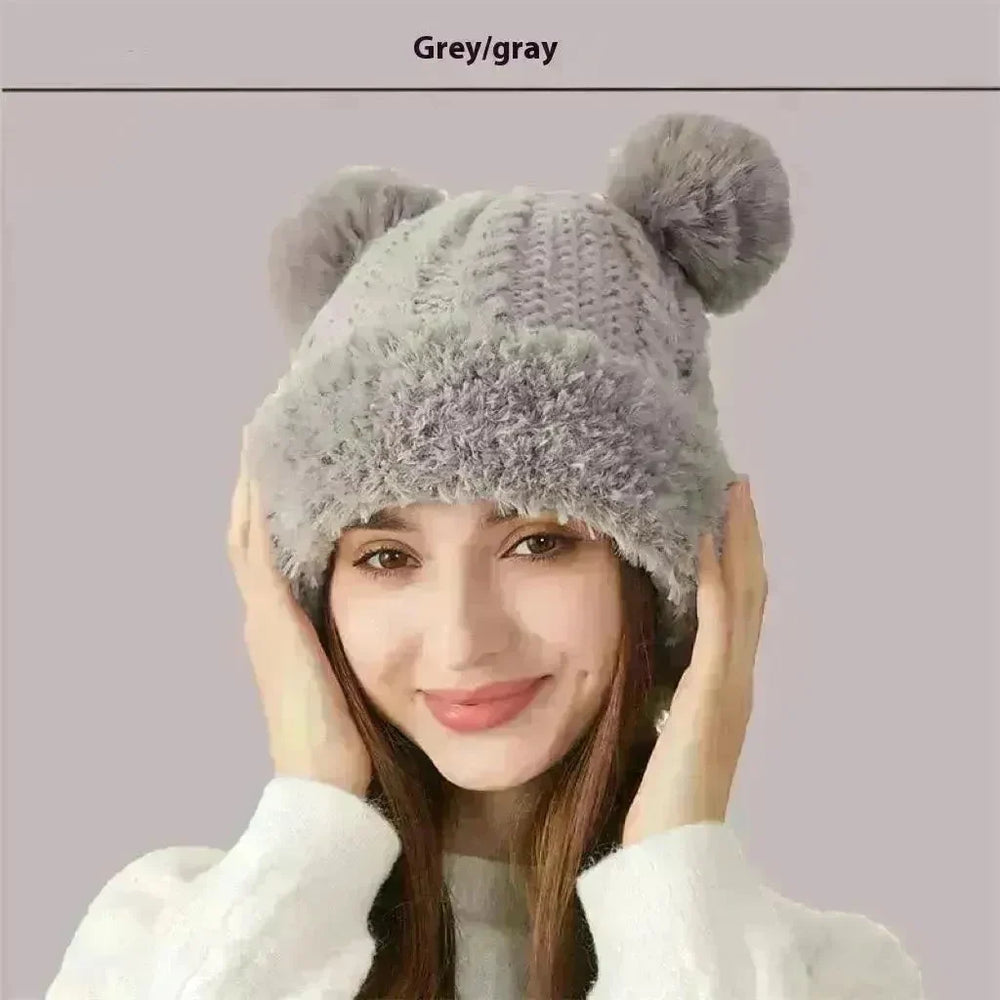 Women Winter Cute Fur Ball Knitted Beanie Hat Outdoor - EX-STOCK CANADA