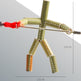 Model of a person made from bamboo sticks with measurements on a gray background