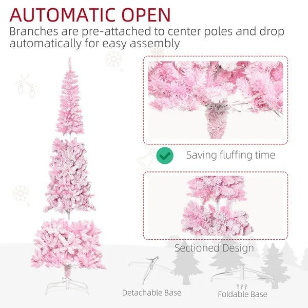 7.5 Foot Prelit Snow Flocked Artificial Christmas Tree With Pencil Shape, 700 Pine Realistic Branches, Warm White LED Lights, Auto Open, Pink And White EX-STOCK Canada 