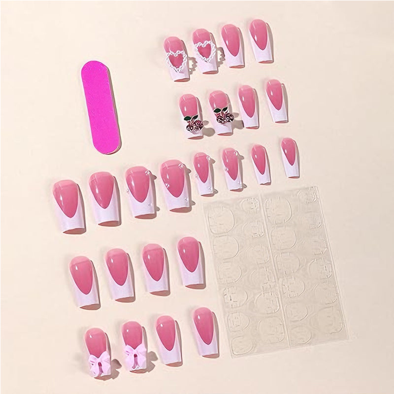24 PCS Cherry Bow Nail Art, Long Length Long Water Pipe Fake Nails,Square Head Nail Tips False Nail EX-STOCK Canada 