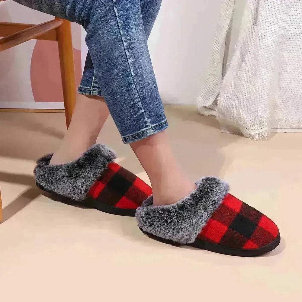 Winter Warm Plaid Plush Slippers Home Indoor Non-slip Bedroom Floor Soft Fuzzy Slipper For Couple Fashion Solid House Shoes - EX-STOCK CANADA