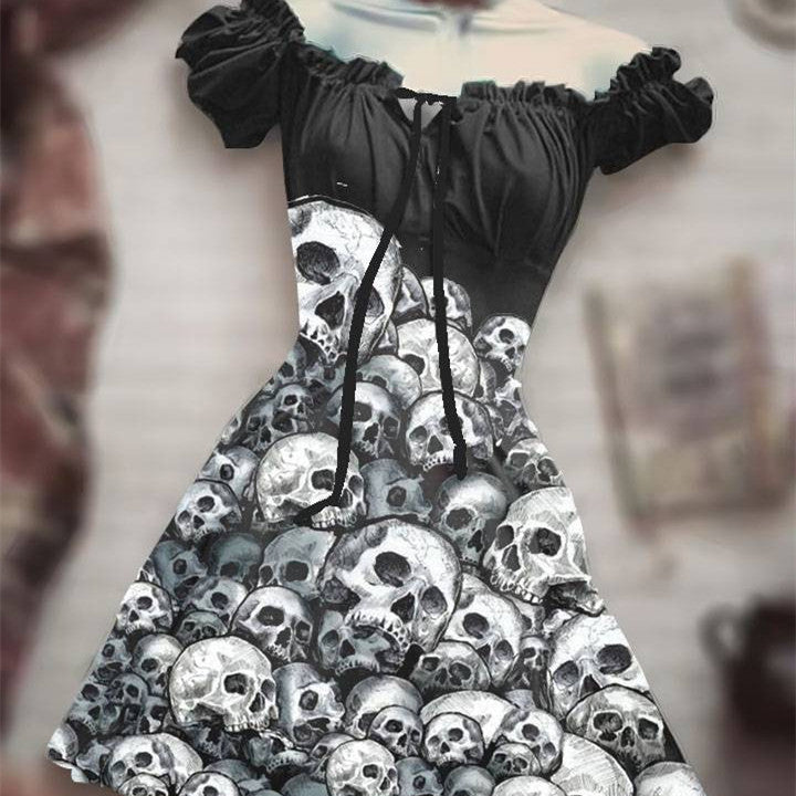 Halloween 3D Skull Print Women's Short Sleeve A- Line Skirt EX-STOCK