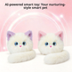 Two plush white cat toys with colorful ears and blue eyes, shown on a soft pink background with promotional text reading 'Zha Zha Cat' and 'Even better to cuddle than a real cat.'.