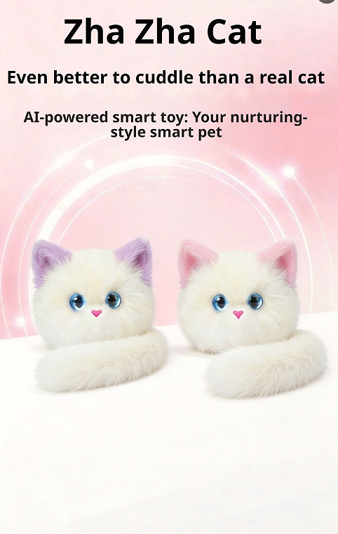 Two plush white cat toys with colorful ears and blue eyes, shown on a soft pink background with promotional text reading 'Zha Zha Cat' and 'Even better to cuddle than a real cat.'.
