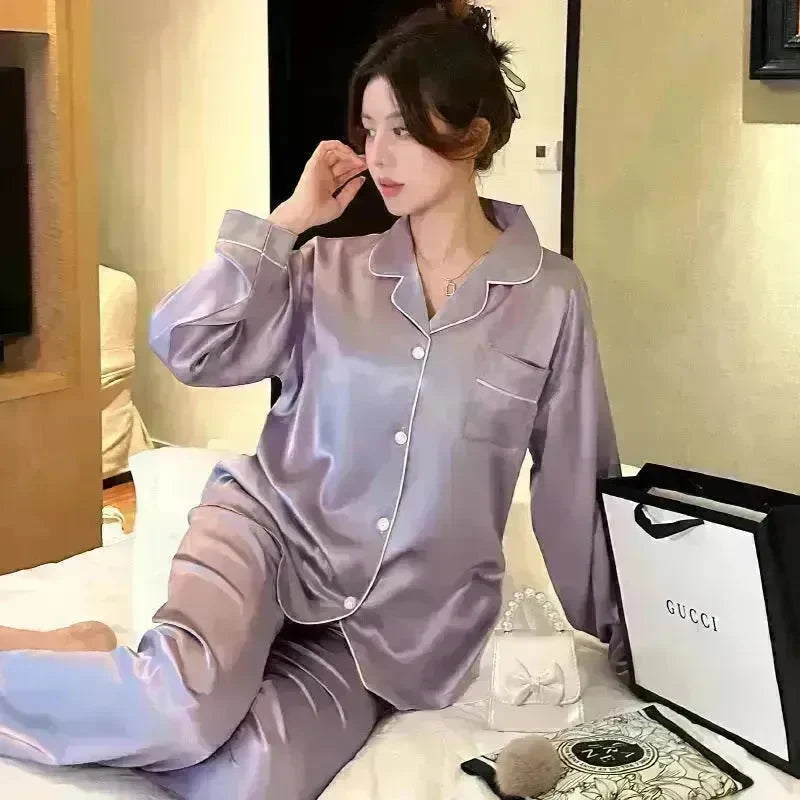 Long sleeve Silk Pajamas for women 2pcs - EX-STOCK CANADA