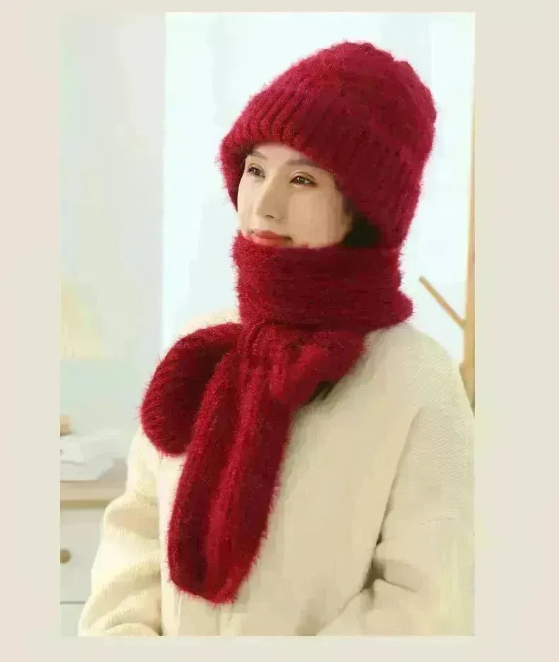 Women's Fleece-lined Scarf And Hat Winter Warm Knitted Hat Scarf - EX-STOCK CANADA