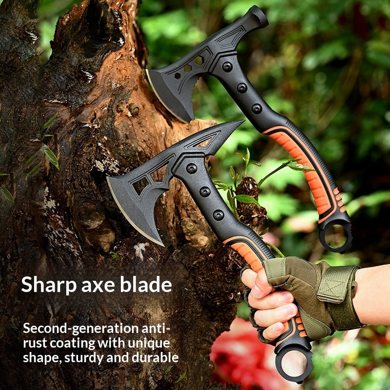 Outdoor multi-tool camping axe in black and orange