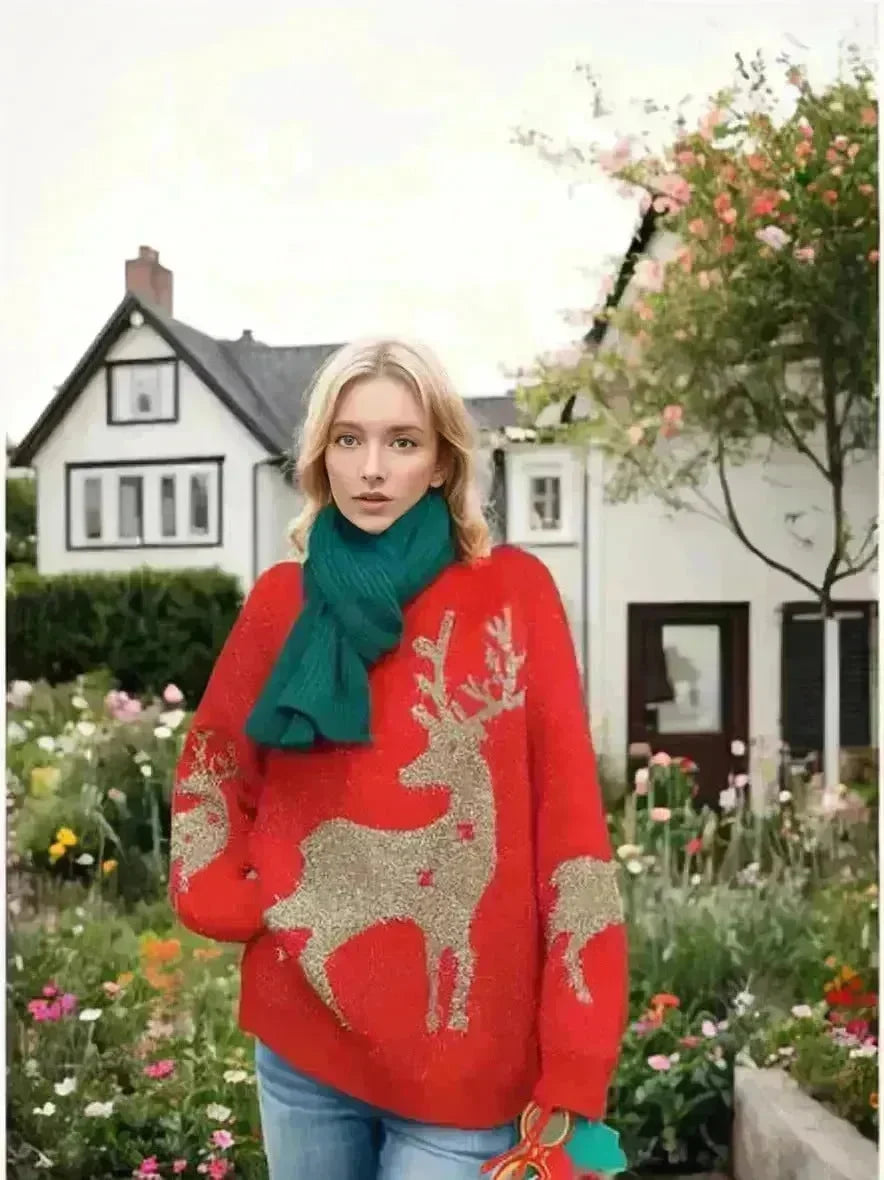 Christmas Deer Snowflakes Knit Sweater Pullover Round Neck Christmas Elk - EX-STOCK CANADA