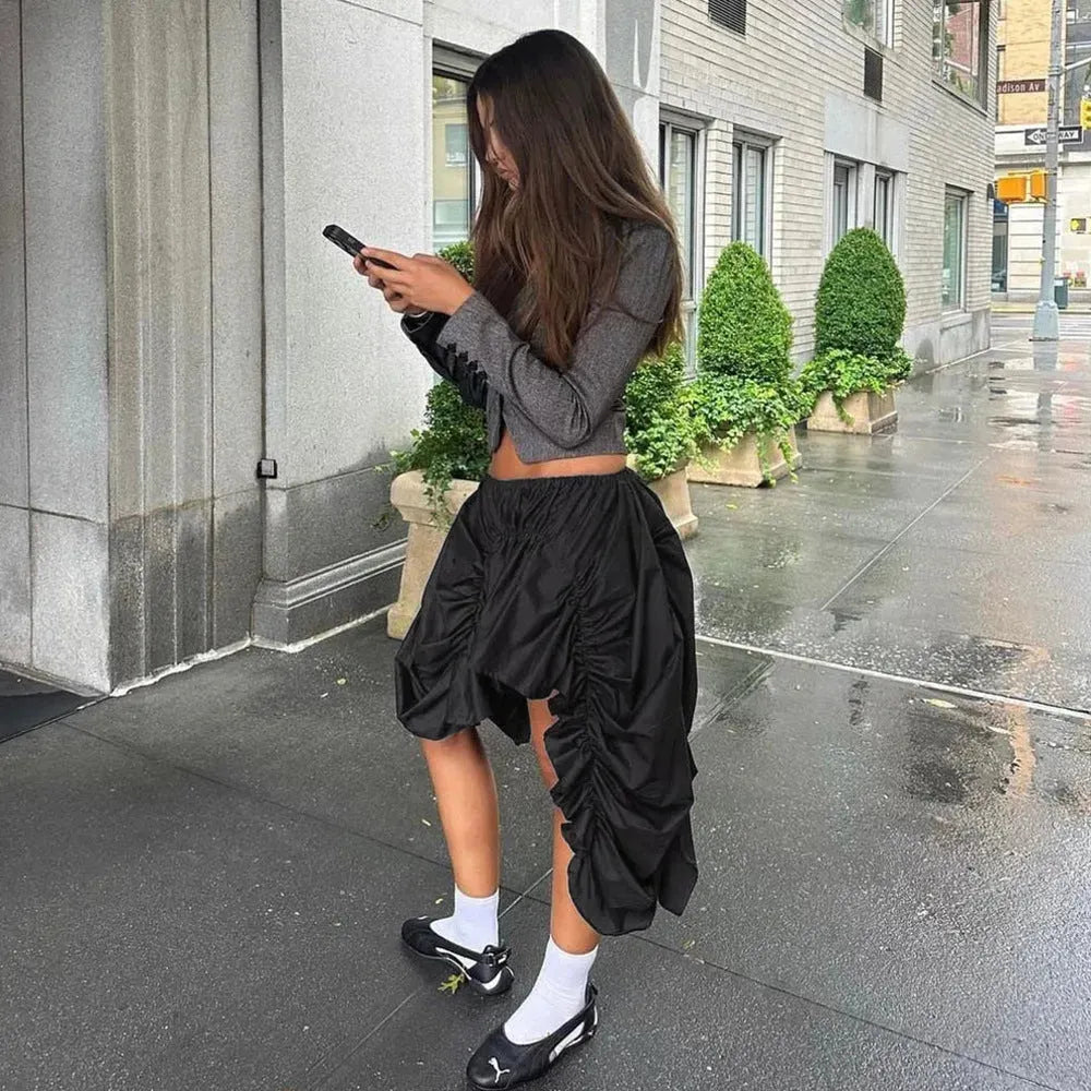 Street Cool Trendy Wrinkle Elastic Waist Irregular Loose Skirt - EX-STOCK CANADA