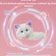 Pink promotional graphic for a pet personality tracking device or app, featuring a white cat illustration inside a futuristic circular interface with text such as 'Your feeding Determines my personality' and progress bars labeled Intimacy Level and Personality Traits.