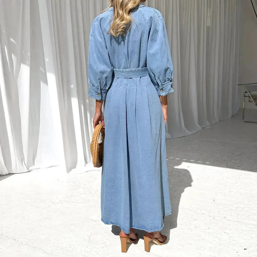 V-neck Lace-up Waist Trimming Casual Button Denim Dress - EX-STOCK CANADA