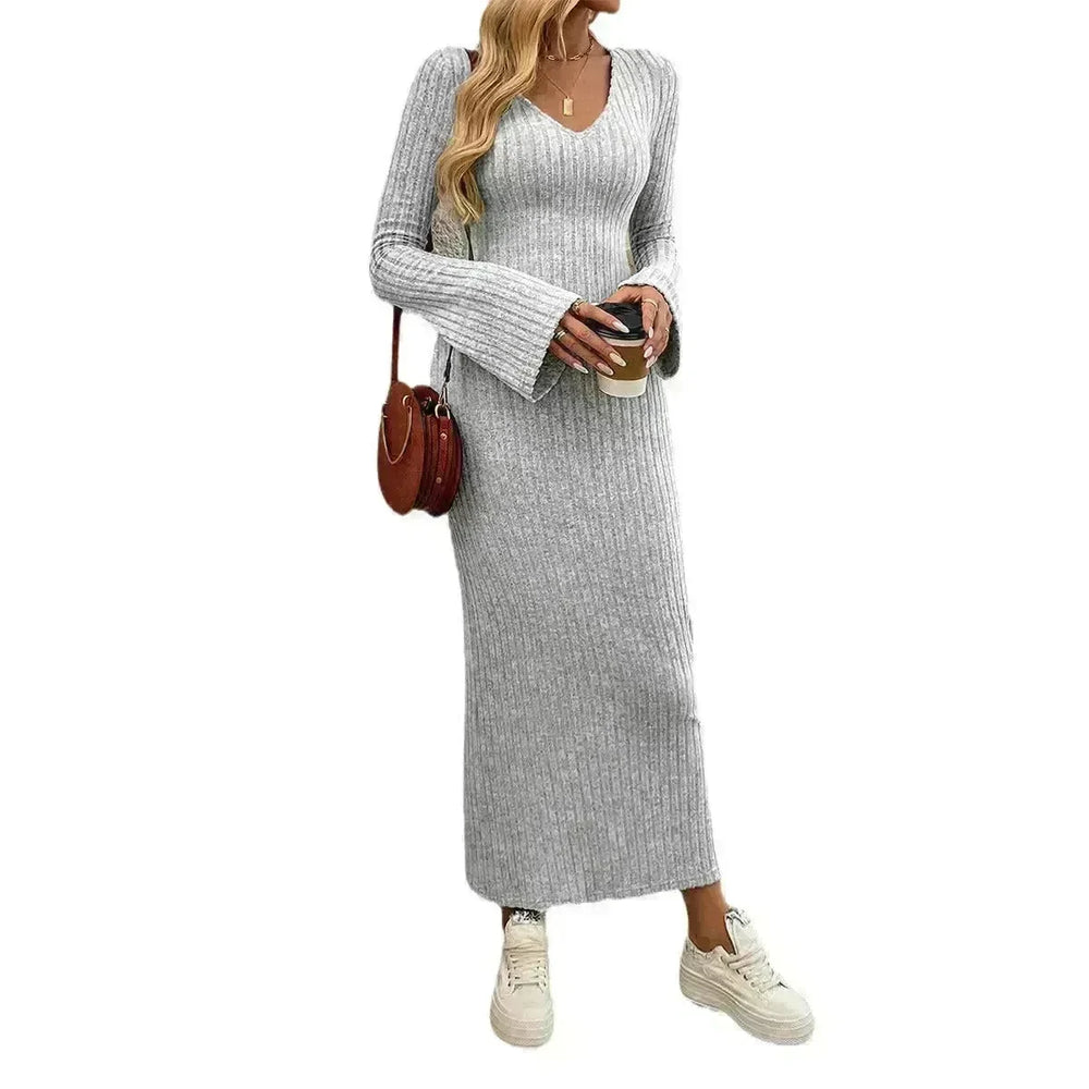 Cashmere V-neck Long bell sleeve Slim fit Midi Winter Sweater Dress - EX-STOCK CANADA