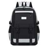 Black and white backpack with visible brand logo on a white background