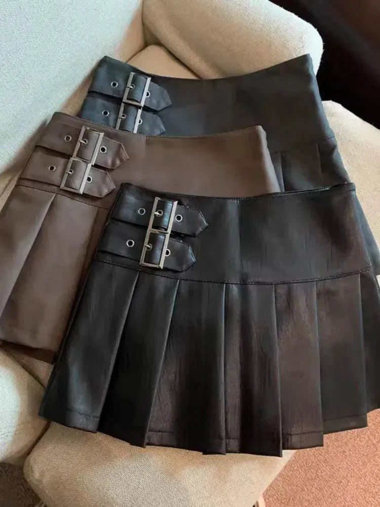 Women's American-style Vintage Mini  Pleated Leather Skirt - EX-STOCK CANADA