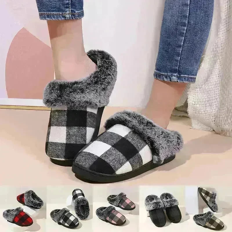 Winter Warm Plaid Plush Slippers Home Indoor Non-slip Bedroom Floor Soft Fuzzy Slipper For Couple Fashion Solid House Shoes - EX-STOCK CANADA