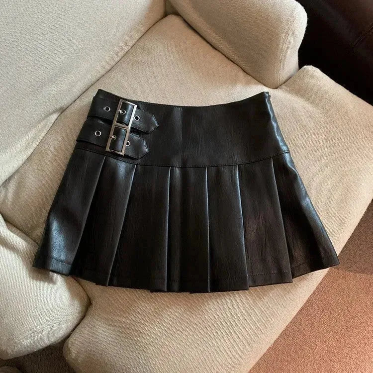Women's American-style Vintage Mini  Pleated Leather Skirt - EX-STOCK CANADA