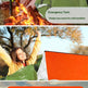 A promotional collage for an emergency tent and camping setup. The top panel shows people sitting by a campfire wrapped in a green emergency tent, with text reading 'Emergency Tent: Keeps you warm in cold weather.