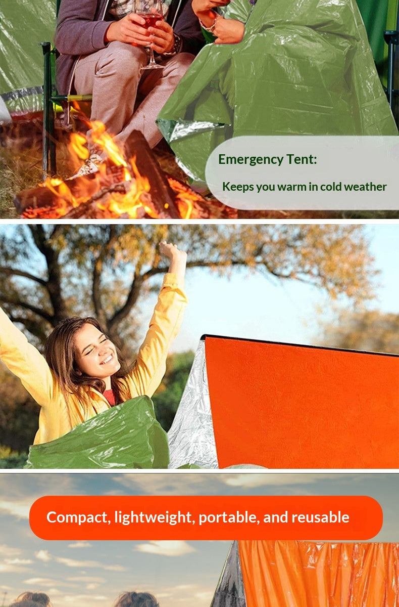 A promotional collage for an emergency tent and camping setup. The top panel shows people sitting by a campfire wrapped in a green emergency tent, with text reading 'Emergency Tent: Keeps you warm in cold weather.