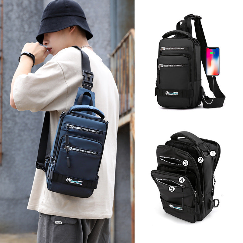 Men's Multifunction Nylon Backpack Crossbody Shoulder Bag with USB Charging Port