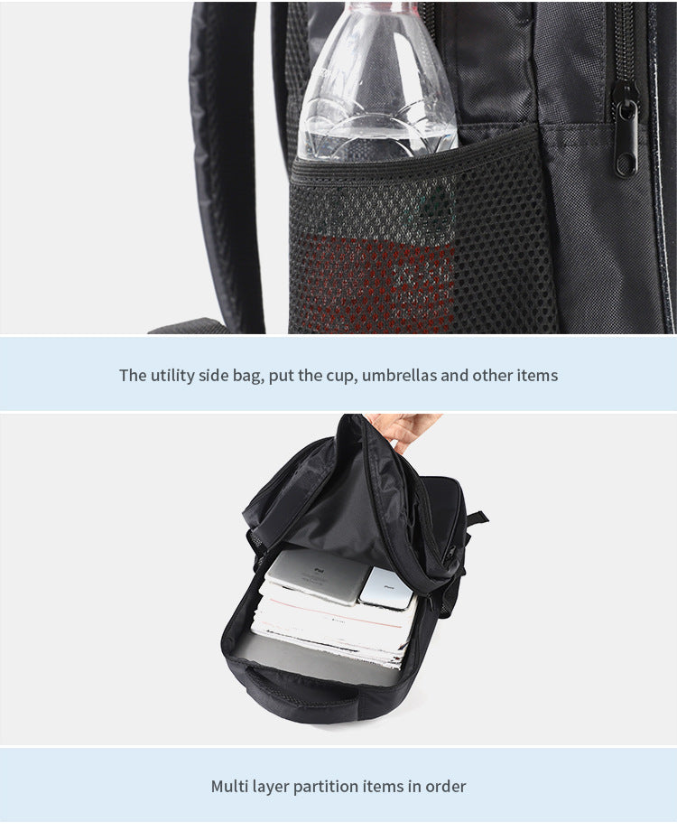 Black backpack with utility side bag containing a bottle, umbrella, and books.