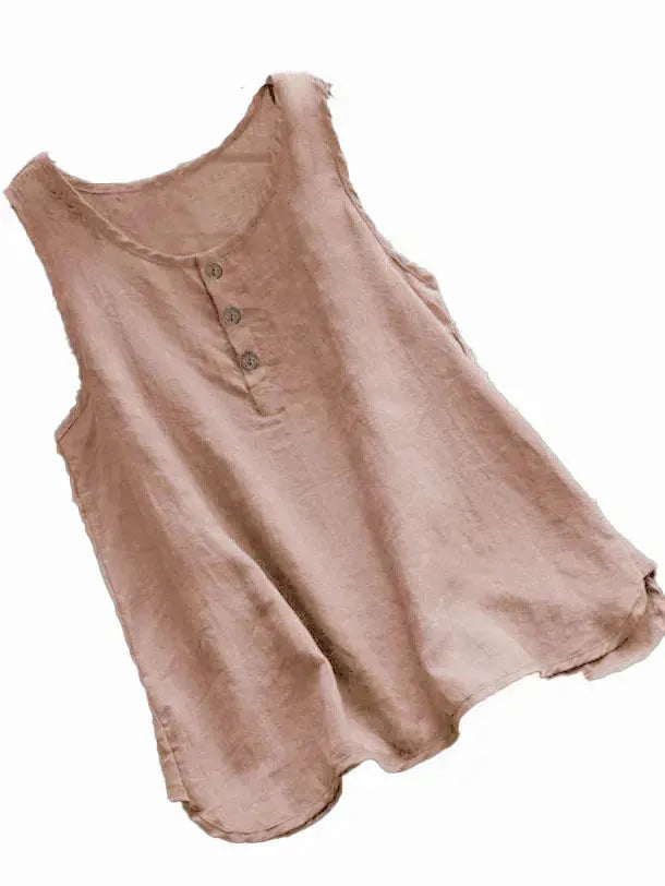 Solid Color Round Neck Loose Casual Vest Cotton Linen summer blouse top for Women - EX-STOCK CANADA