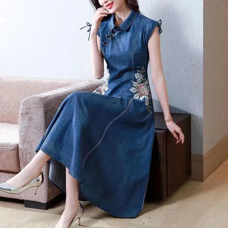 New Modified Version Denim Jeans Flared Midi Dress Female Machine Embroidery Retro - EX-STOCK CANADA