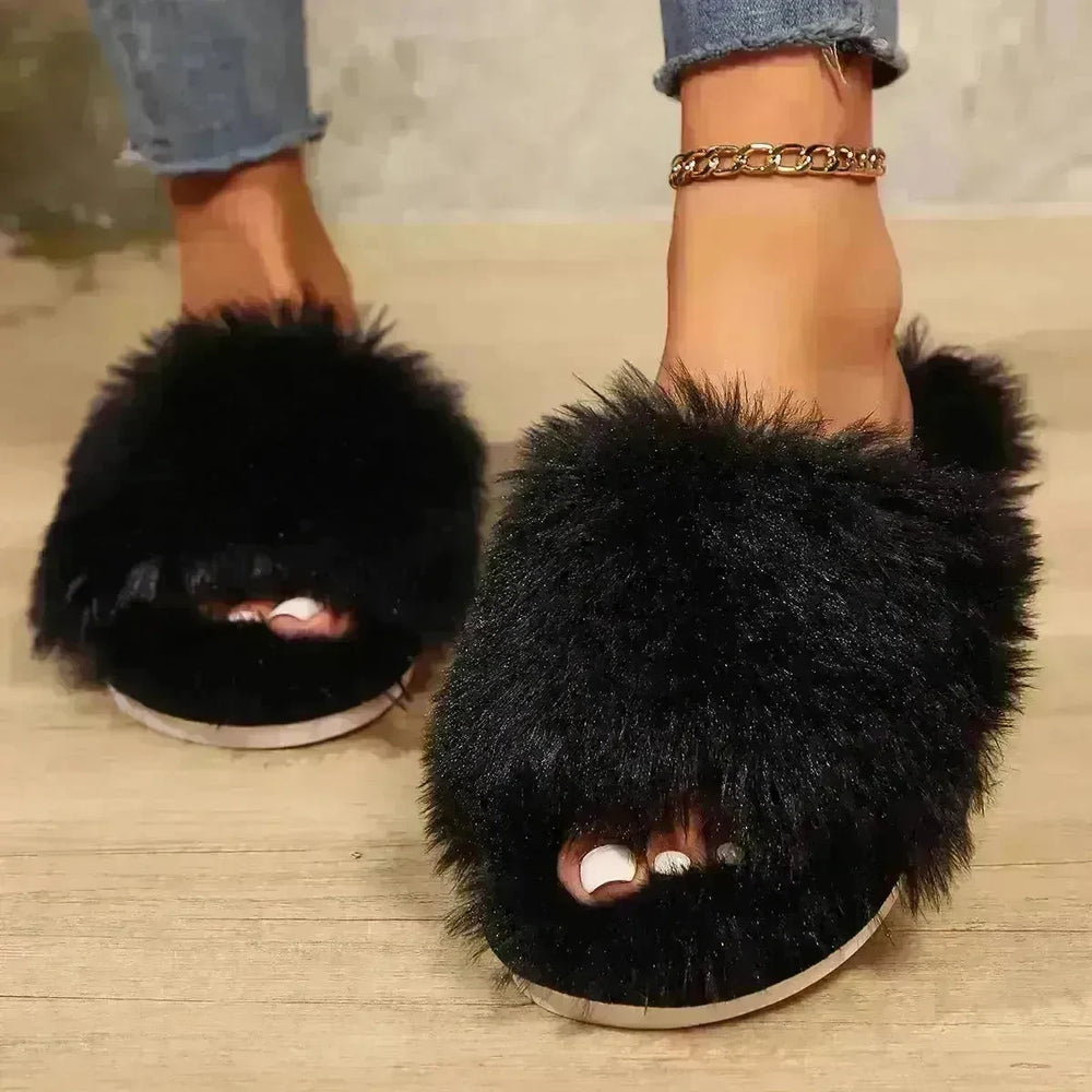 Fashion Open-toed Plush Slippers Winter Warm Indoor Bedroom Floor Soft Fluffy Slipper For Couple Solid Color House Shoes Women - EX-STOCK CANADA