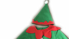 Green elf costume with red accents on a white background