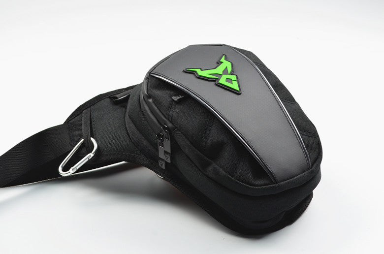 Black waist bag with a green logo on a white background