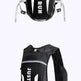 A black running hydration backpack with white accents and the brand name 'JUST RUN' printed vertically in white on the front, shown in two views against a plain white background.