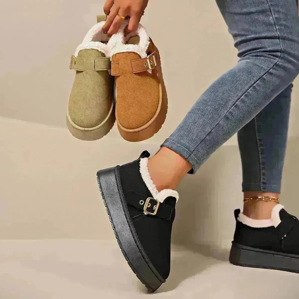 Fashion Round Toe Ankle Boots With Buckle Design Winter Warm Thickened Cotton Shoes Suede Flat Boot For Women - EX-STOCK CANADA
