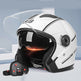 White motorcycle helmet with visor and black accents on a light gray background