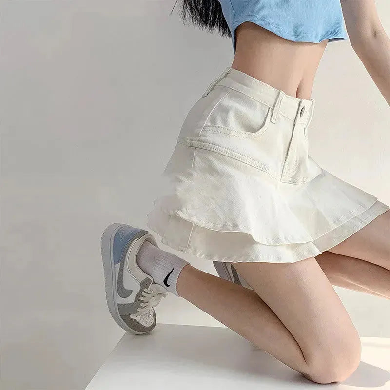 Women's White High Waist flared Mini  Denim Skirt golf skirt - EX-STOCK CANADA