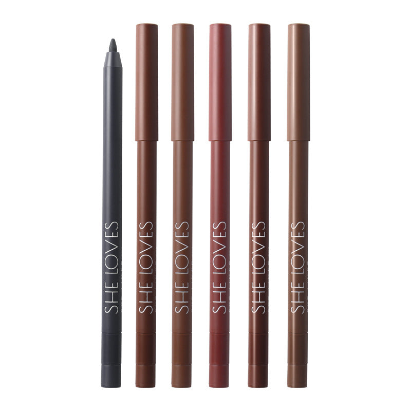 Set of lip pencils with 'SHE LOVES' branding on a white background